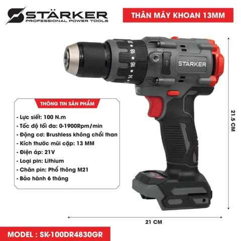 Máy Khoan Pin 21V Brushless, Mũi 13mm, Lực Siết 100N·m, Màu Xám Đỏ - ảnh 3