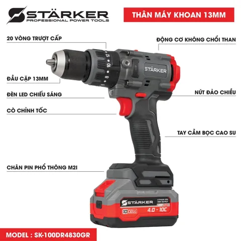 Máy Khoan Pin 21V Brushless, Mũi 13mm, Lực Siết 100N·m, Màu Xám Đỏ - ảnh 2