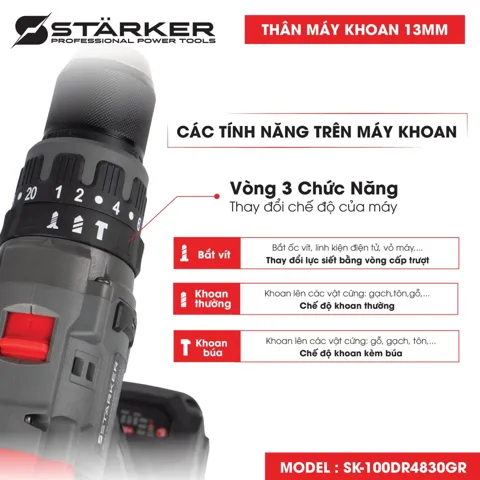 Máy Khoan Pin 21V Brushless, Mũi 13mm, Lực Siết 100N·m, Màu Xám Đỏ - ảnh 9