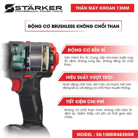 Máy Khoan Pin 21V Brushless, Mũi 13mm, Lực Siết 100N·m, Màu Xám Đỏ - ảnh 5