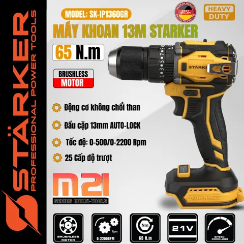 Máy Khoan Pin 21V Brushless, Mũi 13mm, Có Búa, Màu Vàng - ảnh 12