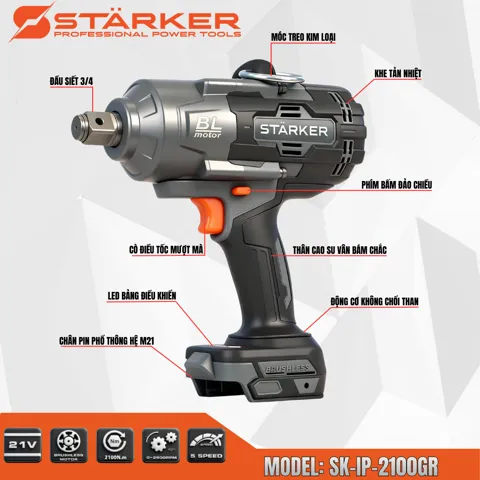 Máy Siết Bulong Pin 21V, Lực Siết 2100N·m, 5 Cấp Tốc Độ, Đầu 3/4 Inch - ảnh 3