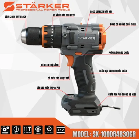 Máy Khoan Pin 21V Brushless, Mũi 13mm, Lực Siết 100N·m - ảnh 4