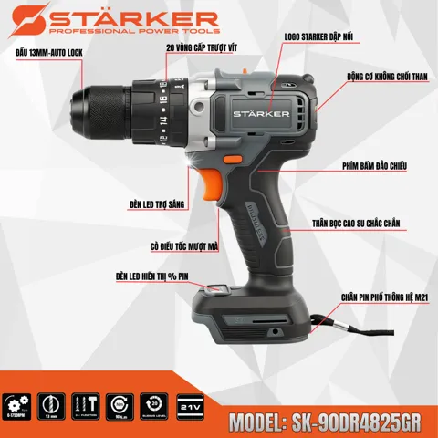 Máy Khoan Pin 21V Brushless, Mũi 13mm, Lực Siết 90N·m, Màu Xám Cam - ảnh 5