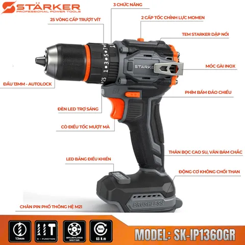 Máy Khoan Pin 21V Brushless, Mũi 13mm, Có Búa, Màu Cam - ảnh 2