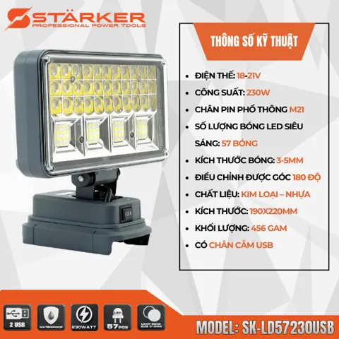 Đèn LED Cầm Tay Pin 21V, 16-57 Bóng Siêu Sáng, Công Suất 48W-230W, Xoay 180°, Chân Pin M21, Có Cổng USB - ảnh 2