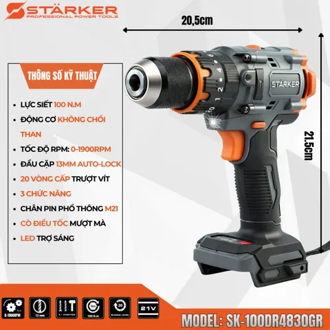 Máy Khoan Pin 21V Brushless, Mũi 13mm, Lực Siết 100N·m - ảnh 2