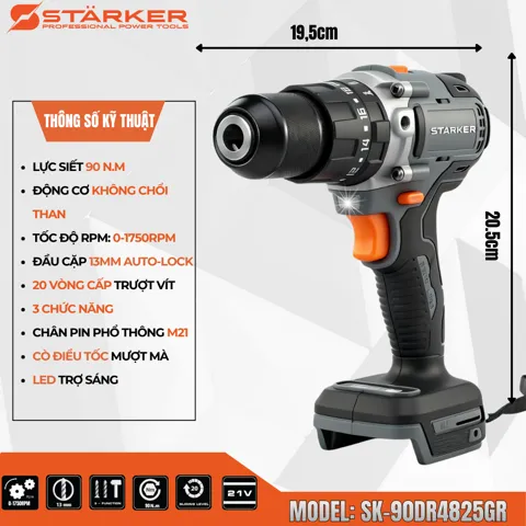 Máy Khoan Pin 21V Brushless, Mũi 13mm, Lực Siết 90N·m, Màu Xám Cam - ảnh 3