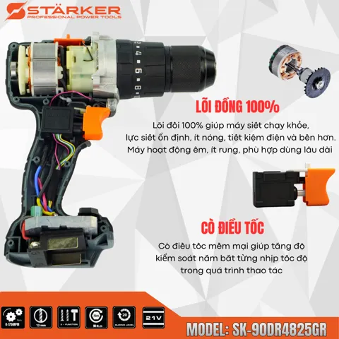 Máy Khoan Pin 21V Brushless, Mũi 13mm, Lực Siết 90N·m, Màu Xám Cam - ảnh 4