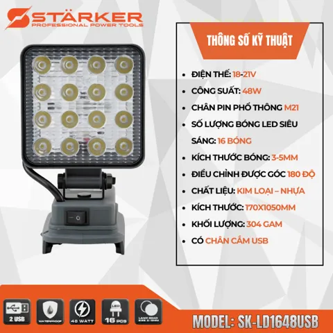 Đèn LED Cầm Tay Pin 21V, 16-57 Bóng Siêu Sáng, Công Suất 48W-230W, Xoay 180°, Chân Pin M21, Có Cổng USB - ảnh 8