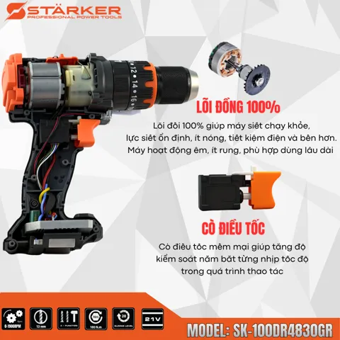 Máy Khoan Pin 21V Brushless, Mũi 13mm, Lực Siết 100N·m - ảnh 3