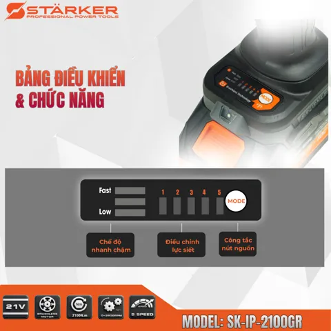 Máy Siết Bulong Pin 21V, Lực Siết 2100N·m, 5 Cấp Tốc Độ, Đầu 3/4 Inch - ảnh 4