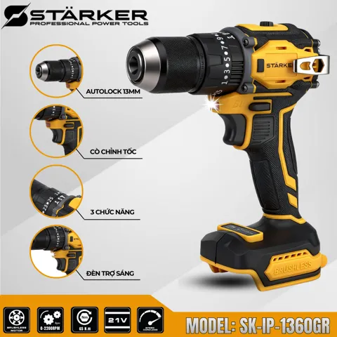 Máy Khoan Pin 21V Brushless, Mũi 13mm, Có Búa, Màu Vàng - ảnh 5