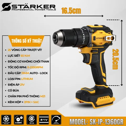 Máy Khoan Pin 21V Brushless, Mũi 13mm, Có Búa, Màu Vàng - ảnh 6