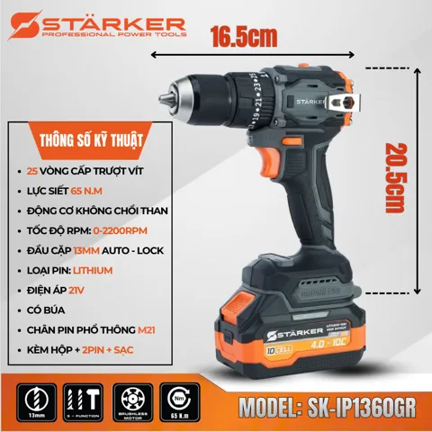 Máy Khoan Pin 21V Brushless, Mũi 13mm, Có Búa, Màu Cam - ảnh 6