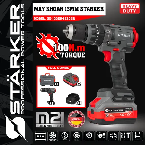 Máy Khoan Pin 21V Brushless, Mũi 13mm, Lực Siết 100N·m, Màu Xám Đỏ - ảnh 7