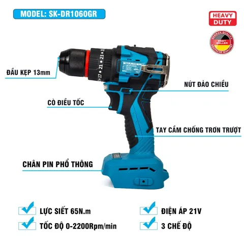 Máy Khoan Pin 21V Brushless, Mũi 10mm, Có Búa, Màu Xám/Đỏ/Xanh - ảnh 4