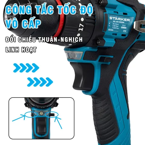 Máy Khoan Pin 21V Brushless, Mũi 10mm, Có Búa, Màu Xám/Đỏ/Xanh - ảnh 3