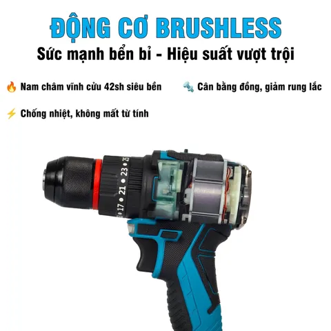 Máy Khoan Pin 21V Brushless, Mũi 10mm, Có Búa, Màu Xám/Đỏ/Xanh - ảnh 7