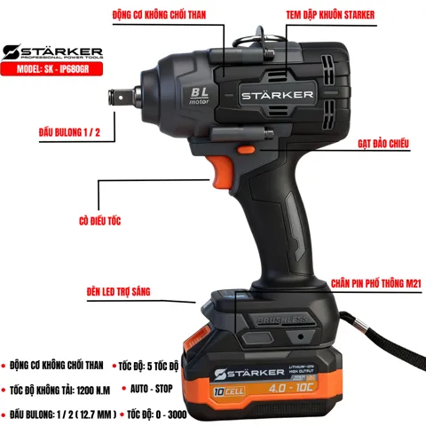 Máy Siết Bulong Pin 20V Brushless, Lực Siết 1200N·m, 3 Cấp Tốc Độ, Đầu Bulong Đặc - ảnh 5
