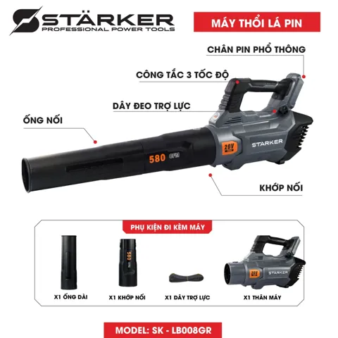 Máy Thổi Lá Pin 20V, Lực Gió 580CFM, 3 Cấp Gió, Công Suất Lớn - ảnh 3