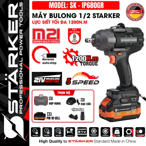Máy Siết Bulong Pin 20V Brushless, Lực Siết 1200N·m, 3 Cấp Tốc Độ, Đầu Bulong Đặc - ảnh 12