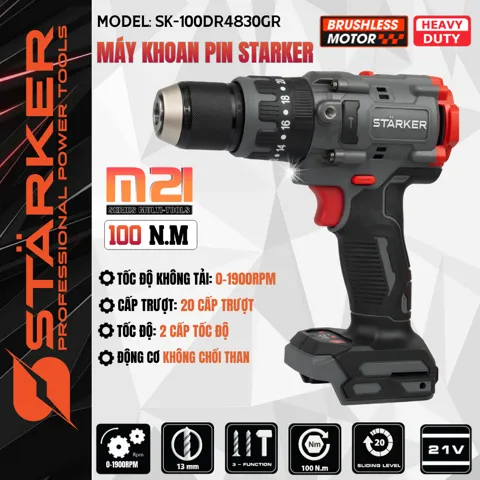 Máy Khoan Pin 21V Brushless, Mũi 13mm, Lực Siết 100N·m, Màu Xám Đỏ - ảnh 10