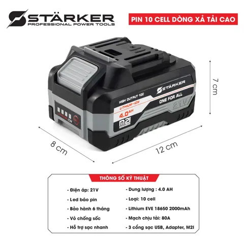 Pin Máy Khoan 21V, 10 Cell, 4.0Ah, Dòng Xả Tải Cao, Cell EVE 18650 - ảnh 3