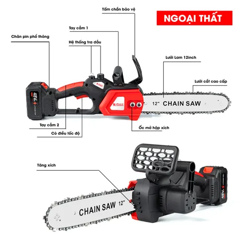 Máy Cưa Xích Pin 12 Inch Brushless 800W, Cắt 30cm, Màu Đỏ - ảnh 7