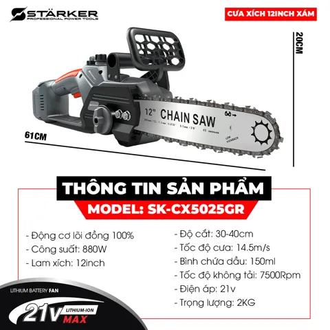 Máy Cưa Xích Pin 12 Inch Brushless 800W, Lam 30cm, Chân Pin Phổ Thông - ảnh 5
