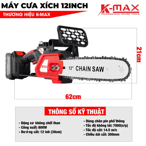 Máy Cưa Xích Pin 12 Inch Brushless 800W, Cắt 30cm, Màu Đỏ - ảnh 8