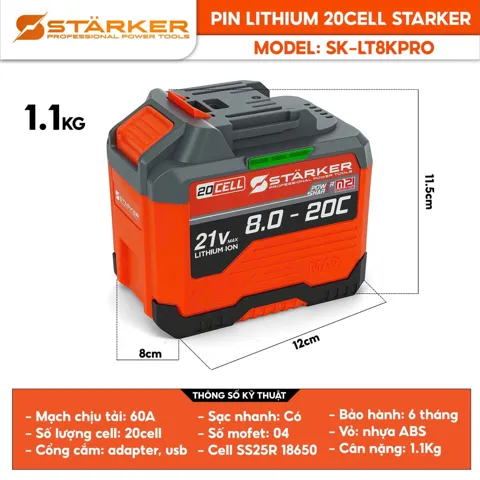 Pin 21V, 20 Cell, 5.2Ah, Lithium 18650, Dòng Xả 50A, Chân M21 Phổ Thông - ảnh 6